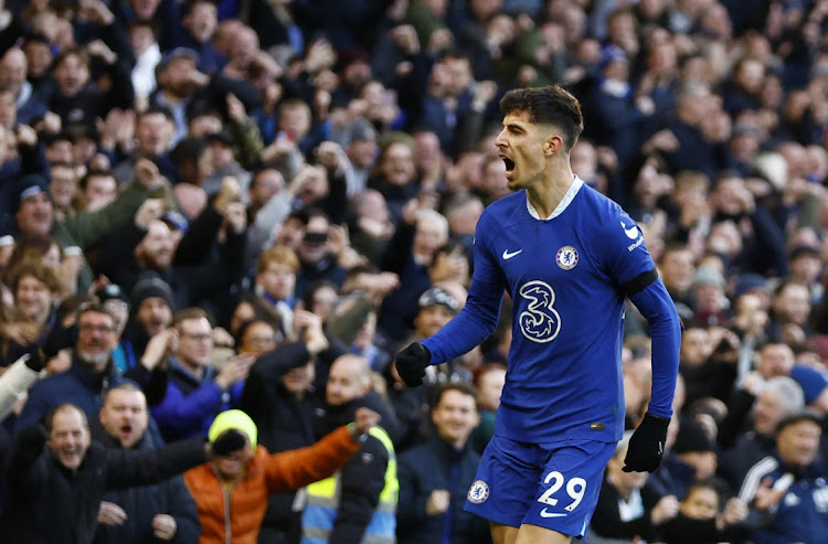 Chelsea's Kai Havertz celebrates scoring their first goal against Crystal Palace at Stamford Bridge in London, Britain, January 15 2023. Picture: PETER CZIBORRA/ACTION IMAGES/REUTERS