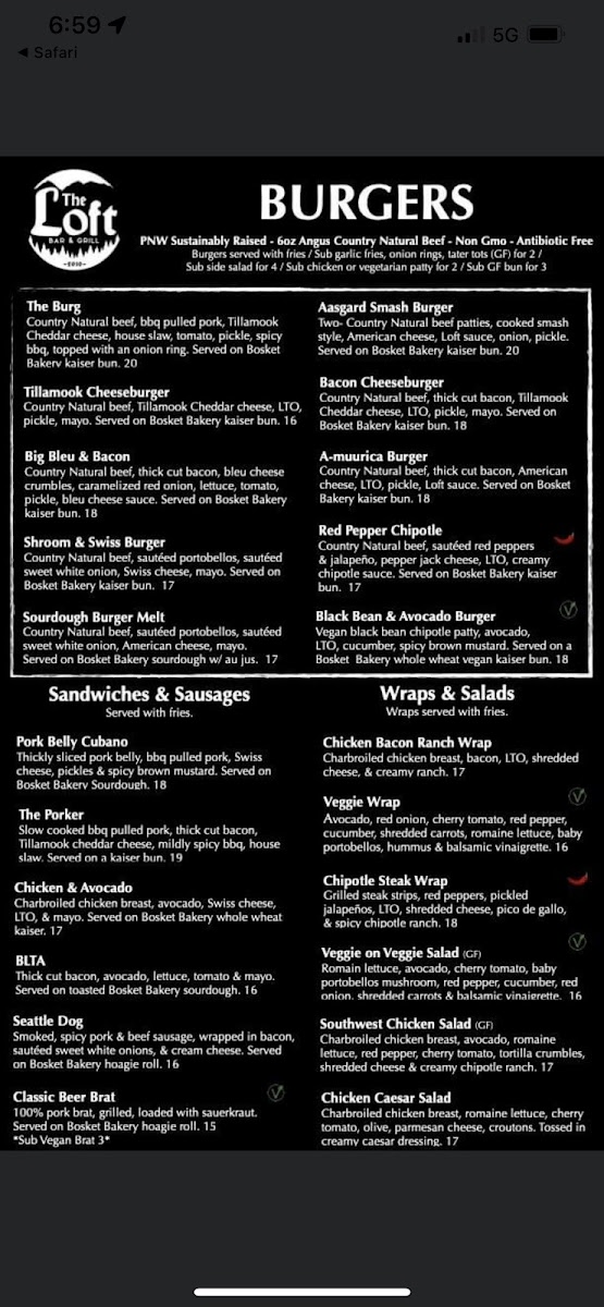 The Loft Bar & Grill gluten-free menu