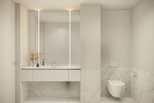 Modern bathroom, vanity and wall-hung toilet in this luxury apartment / penthouse for sale in Vila Nova de Gaia ($1,019,576)