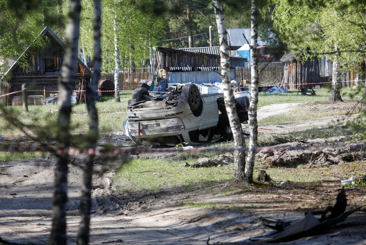 A white Audi Q7 car that was allegedly targeted in a car bomb attack, in a village in the Nizhny Novgorod region, Russia, May 6 2023. Picture: ANASTASIA MAKARYCHEVA/REUTERS