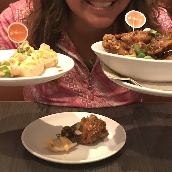 Pot stickers Asian chicken wings chicken and waffles and my hugs smile!