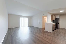 Bright, empty apartment interior with wood-style floors, white walls, and a kitchen with modern appliances.