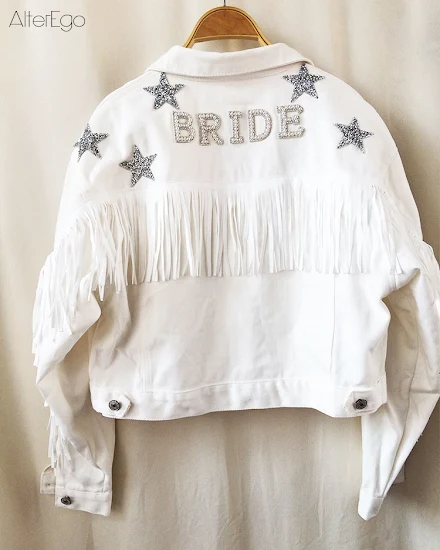 Denim Jacket With Stars White Fringe Pearl & Rhinestone P... - 1