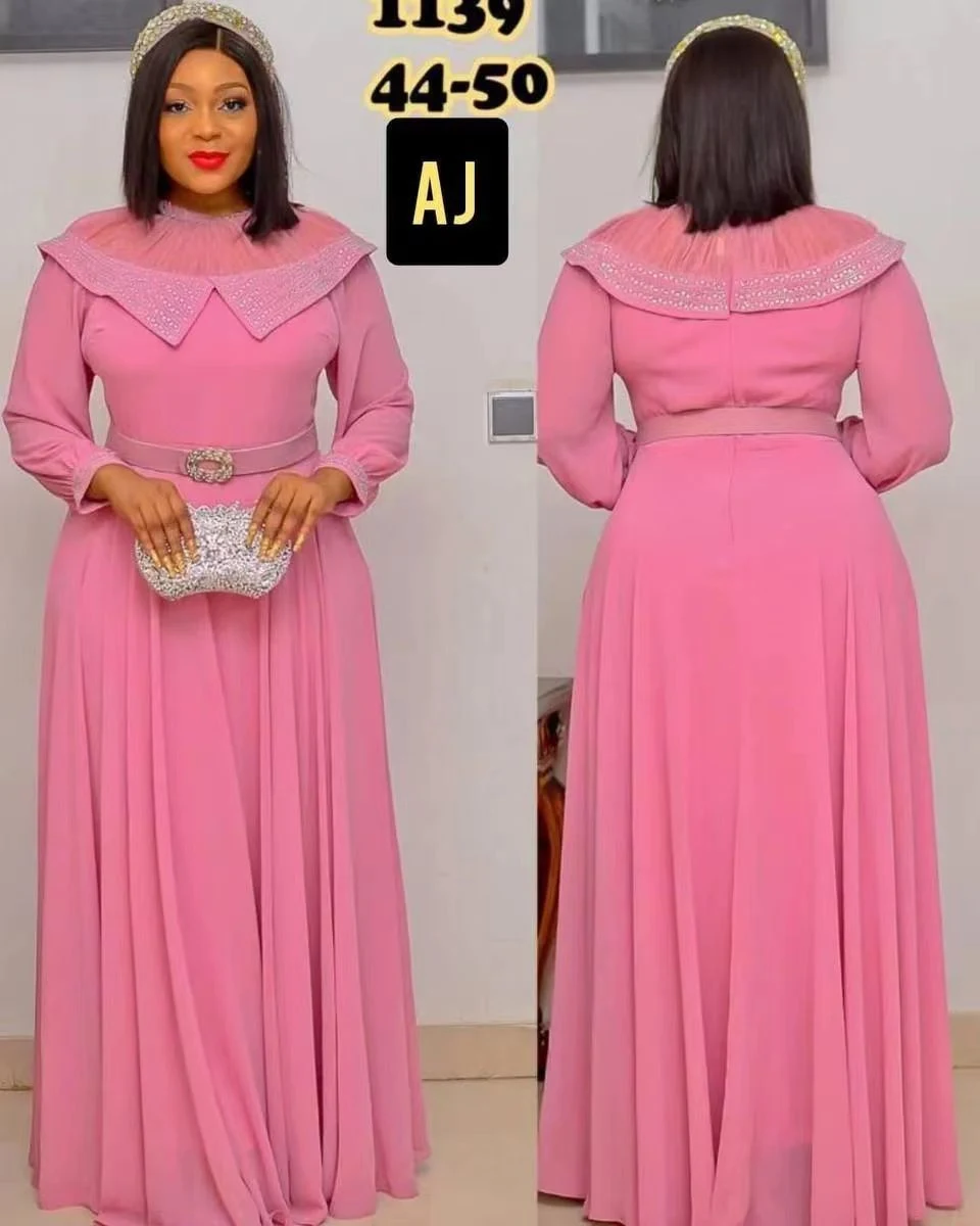 Chiffon Mesh Panel African Dress Long Sleeve Belt Elegant African Design for a Sophisticated Look Comfortable & Stylish 