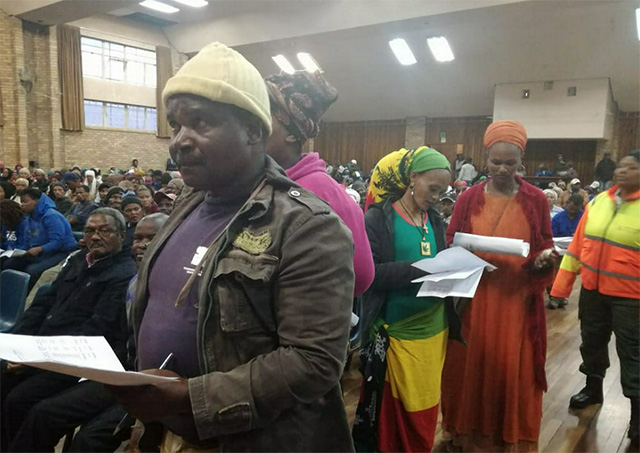 Zolaphi Tyatya and other residents at the IDP budget review meeting at the Allanridge community hall, where mayor Mongameli Bobani received a standing ovation