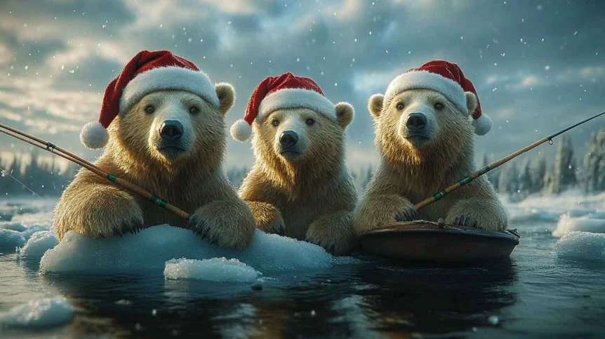 Christmas Polar Bear Fishing Winter 4K Desktop Wallpaper