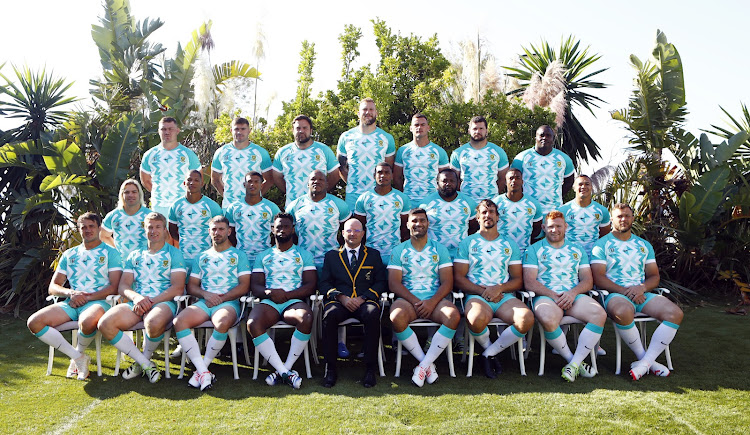 The Springboks pose for their official team photo at their hotel in Sablettes before their Rugby World Cup opening match against Scotland in Marseille. It was the second time they wore their away jersey.