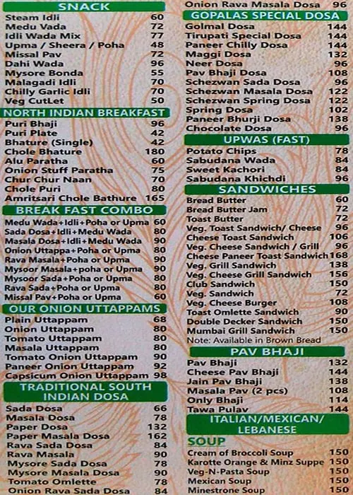 Gopala's Veg Kitchen menu 