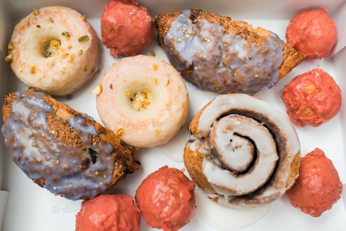 Gluten and dairy free options (lemon pistachio fonuts, strawberry donuts, cinnamon rolls, and lavendar scones)