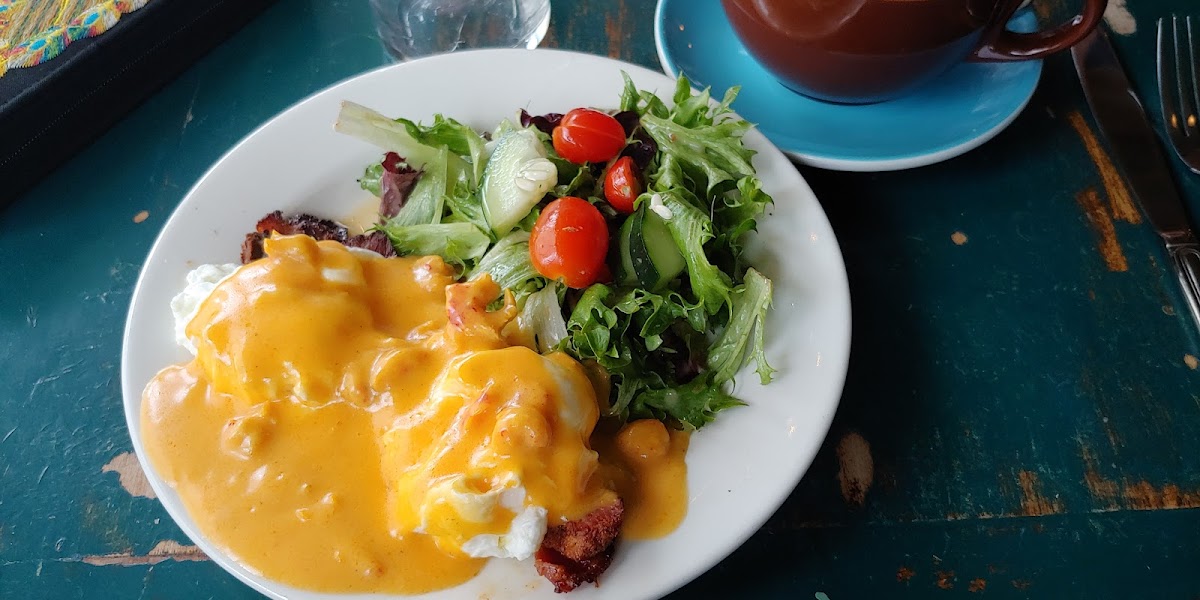 Specially made crawfish Benedict, no bread, added salad.