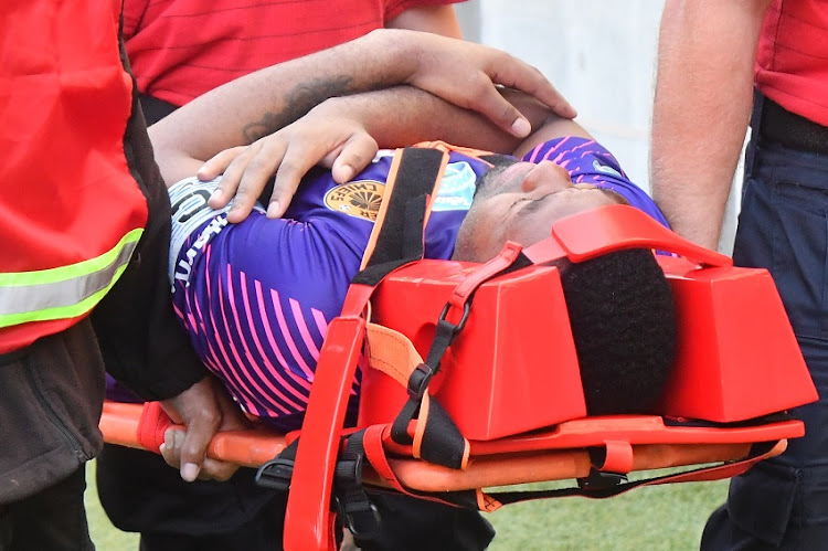 Itumeleng Khune of Kaizer Chiefs is stretched off during the2017 Telkom Knockout game between Chippa United and Kaizer Chiefs at Nelson Mandela Stadium in Port Elizabeth on 05 Novemberr 2017.