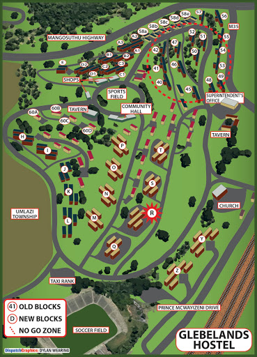 DEATH TRAP: A graphical representation of the Glebelands Hostel. Circled numbers represent old blocks. Circled letters indicate new blocks. Dotted area is the no-go zone. Block R is where most of the killings have taken place