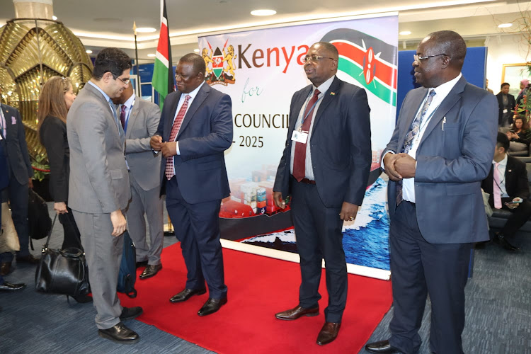 Blue Economy Cabinet Secretary Salim Mvurya, accompanied by Maritime Principal Secretary Geoffrey Kaituko, Kenya Maritime Authority acting director general John Omingo rallying delegates to vote for Kenya on the sidelines of the IMO General Assembly at the IMO Headquarters in London.