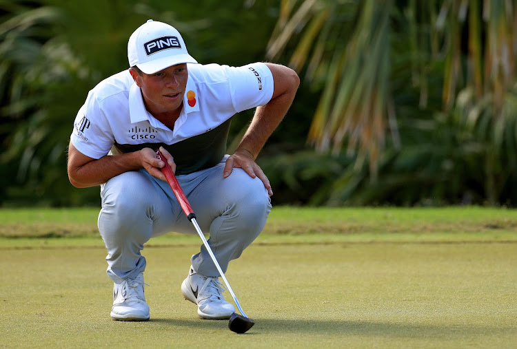 Viktor Hovland of Norway lines up a putt on the 11th green during the final round of the World Wide Technology Championship on November 7, 2021 in Playa del Carmen, Mexico