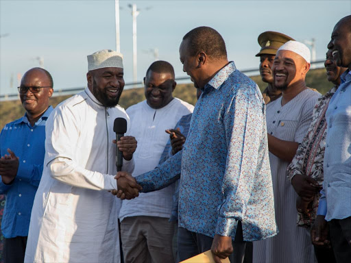 President Uhuru Kenyatta and Deputy President William Ruto with Governor Hassan Joho and Governor Salim Mvurya during the Opening of Miritini-Mwache-Kipevu Link Road, Mombasa County.