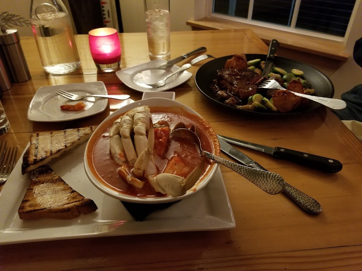 Shoalwater Cioppino in front and New York Steak in the back. Both gf and excellent!