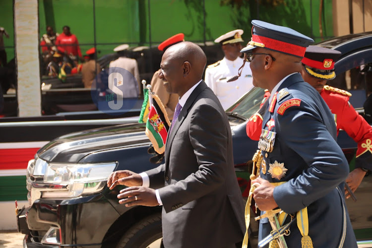 President William Ruto and Chief of Defence Forces Francis Ogolla at the Moi Stadium in Embu county for 60th Madaraka Day celebrations on June 1, 2023