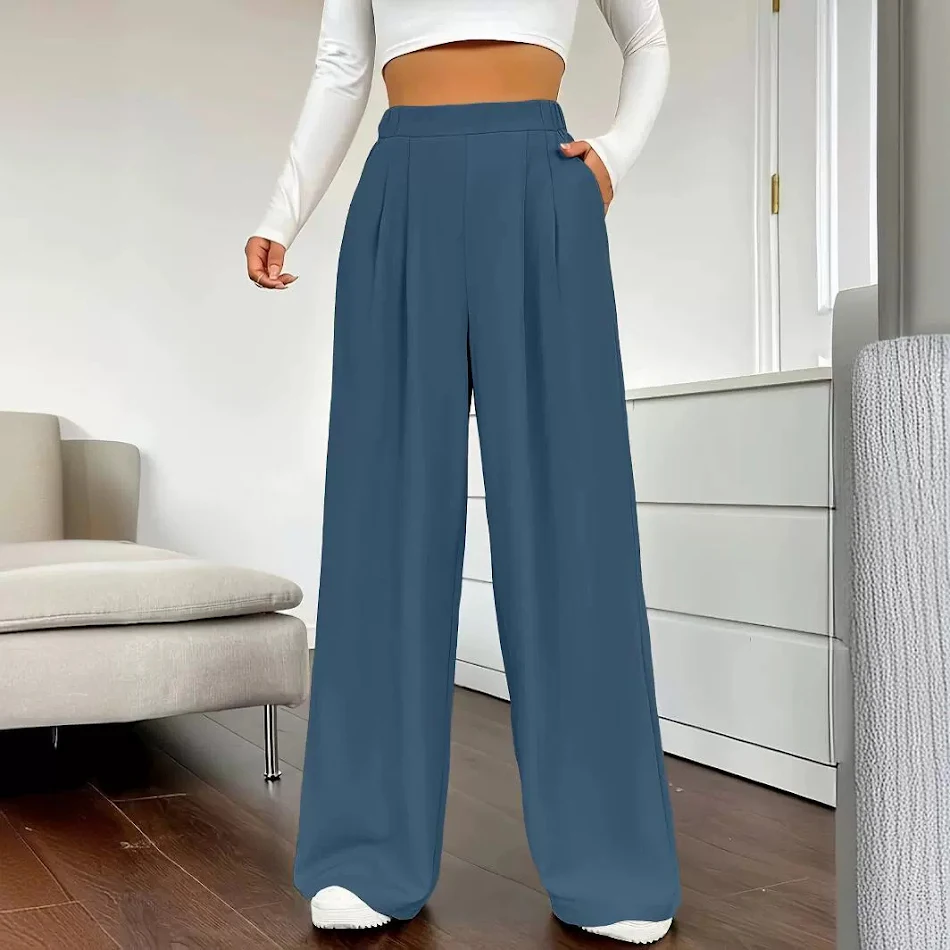 Eleganckie spodnie casualowe z wysokim stanem i szerokimi nogawkami, proste, idealne na co dzień, zapewniające wygodę i modny wygląd.
