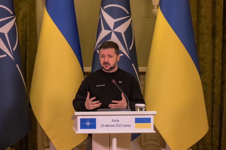 Ukrainian President Volodymyr Zelensky speaks at a press conference with Nato secretary-general Jens Stoltenberg in Kyiv, Ukraine, April 20, 2023. Picture: ROMAN PILIPEY/GETTY IMAGES