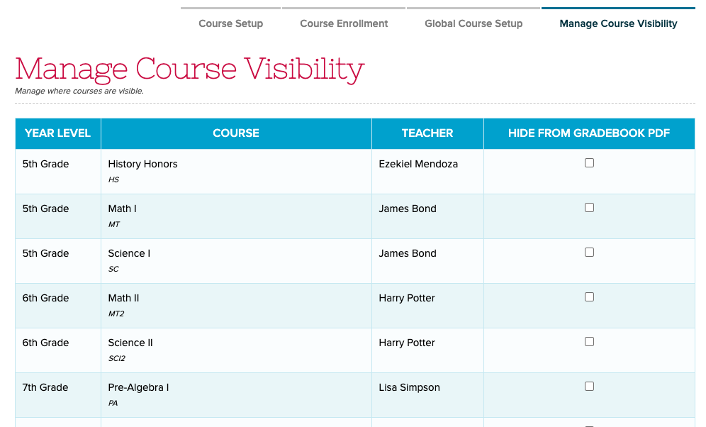 Hide certain subjects from the Gradebook PDF