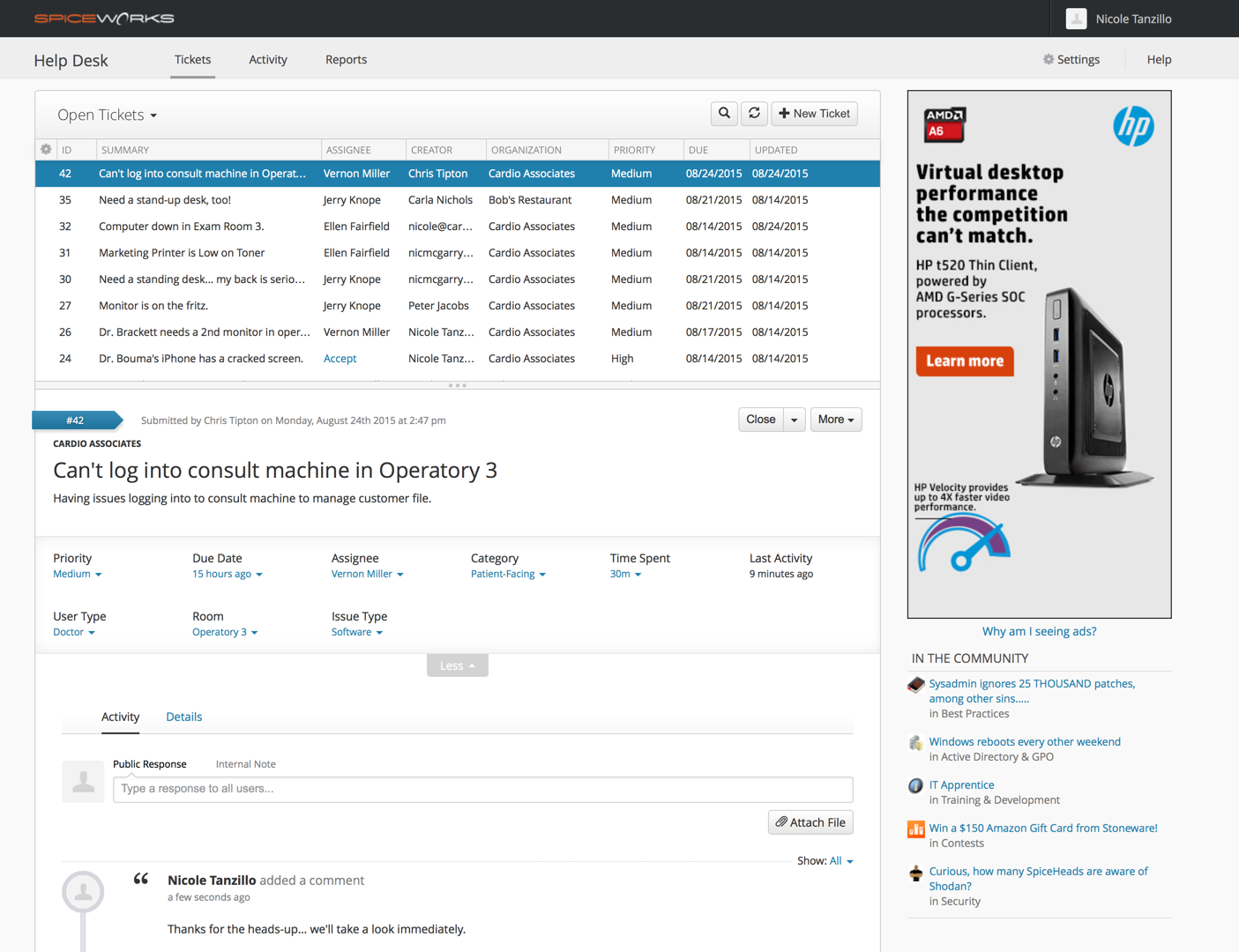 Screengrab of Spiceworks free email ticketing system UI