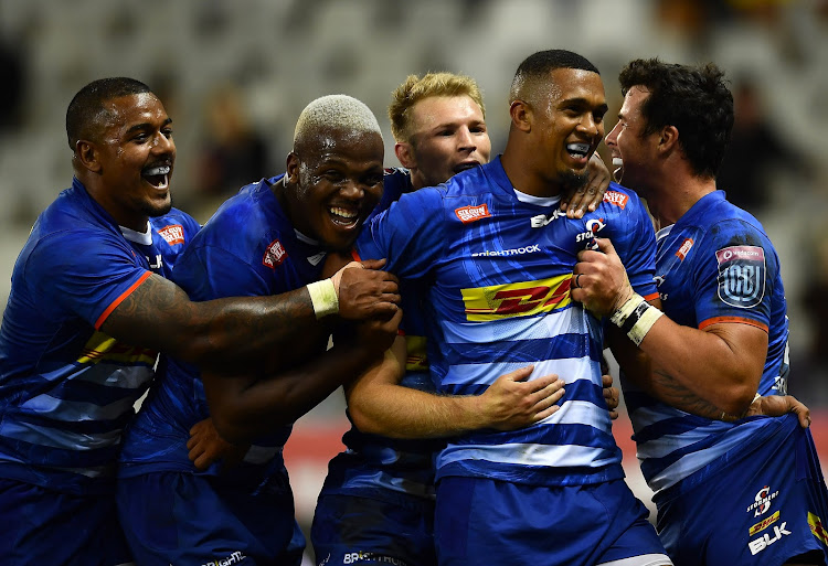 Stormers players Chad Solomon, Hacjivah Dayimani, Paul de Wet and, Ruhan Nel celebrate another Leolin Zas try during the 29-13 United Rugby Championship win over Ospreys in Cape Town last season. Picture: Ashley Vlotman/Gallo Images