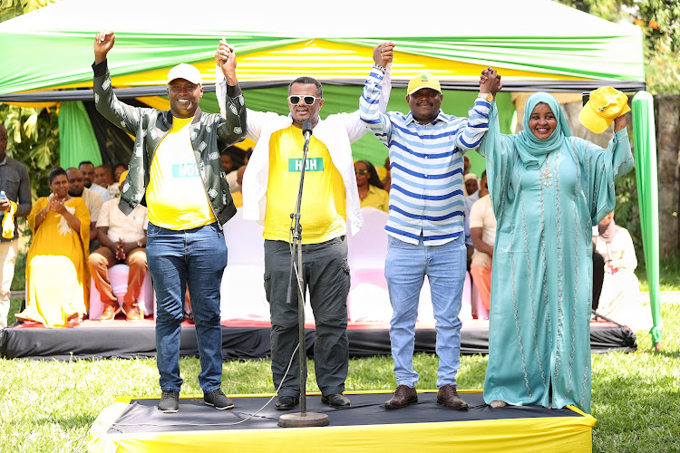 Ali Kitaka, Hassan Omar, Mutungwa Wambua and Fatma Barayan at the Hustler Centre in Mombasa on Thursday.