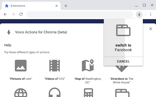 Actions Chrome (beta) C) Washington, switch Facebook CANCEL 