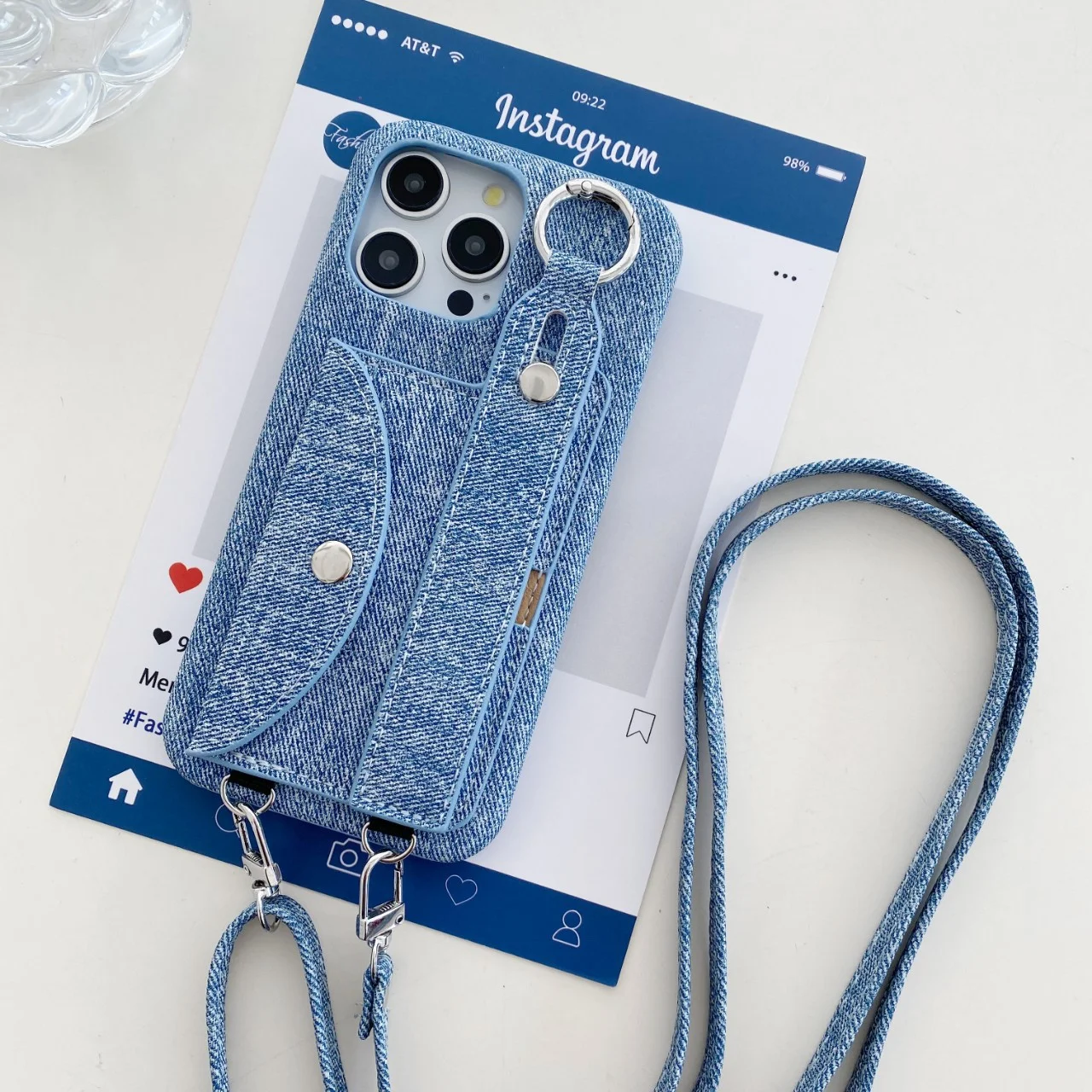 Title 4, Leather Phone Case for iPhone 15 with Denim Pat...