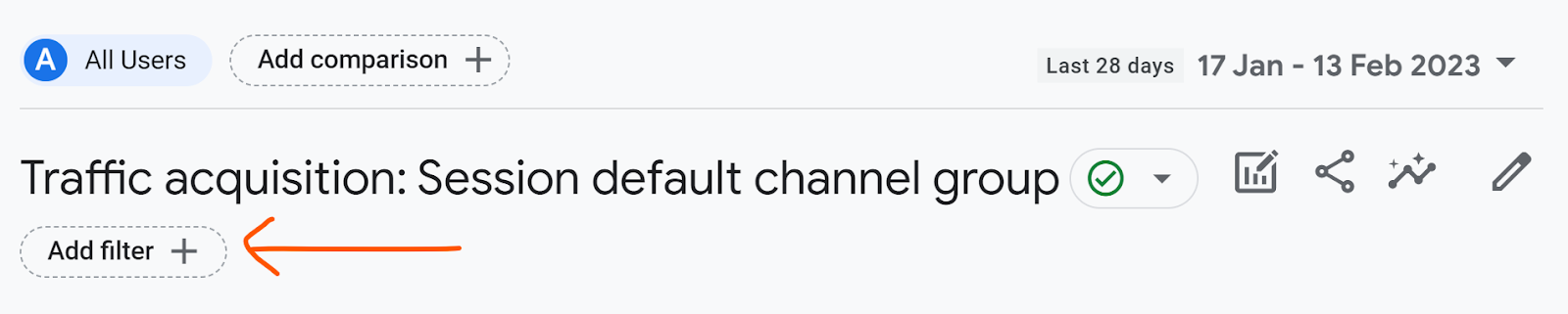 The top part of a GA4 detail report with an arrow highlighting the 'add filter' button