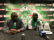 AmaZulu FC striker Siyabonga Nomvethe (R) announces his retirement during a press conference in Durban alongside club chairman Lunga Sokhela on Friday September 14 2018. 