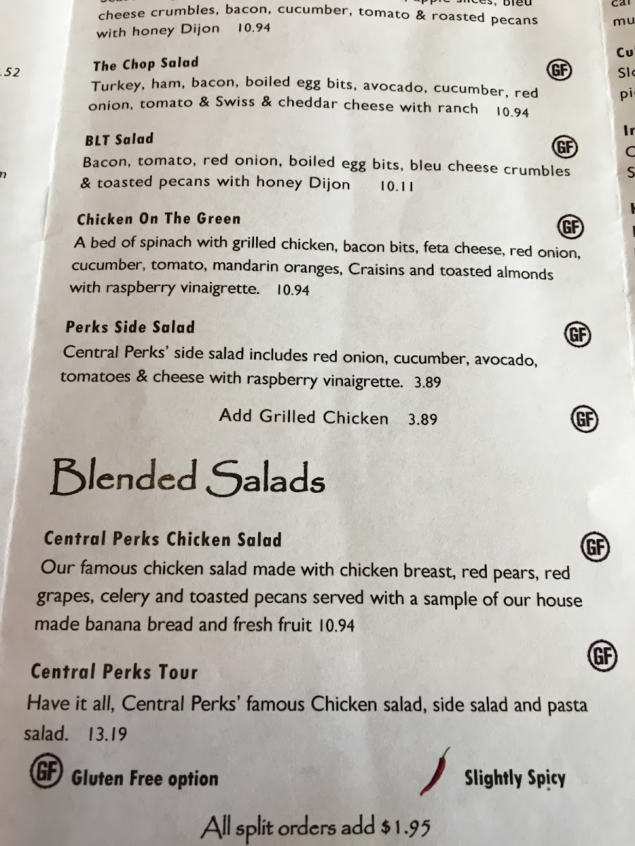 Central Perks gluten-free menu