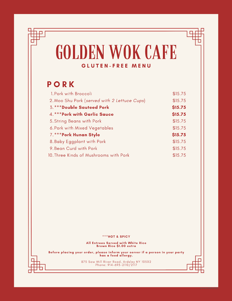 Golden Wok Gluten-Free Pork Menu