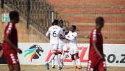 Veluyeke Zulu of Chippa United, centre, celebrates a goal during the DStv Premiership match against Sekhukhune United at Makhulong Stadium in Johannesburg on August 21 2021.