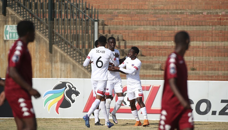 Veluyeke Zulu of Chippa United, centre, celebrates a goal during the DStv Premiership match against Sekhukhune United at Makhulong Stadium in Johannesburg on August 21 2021.