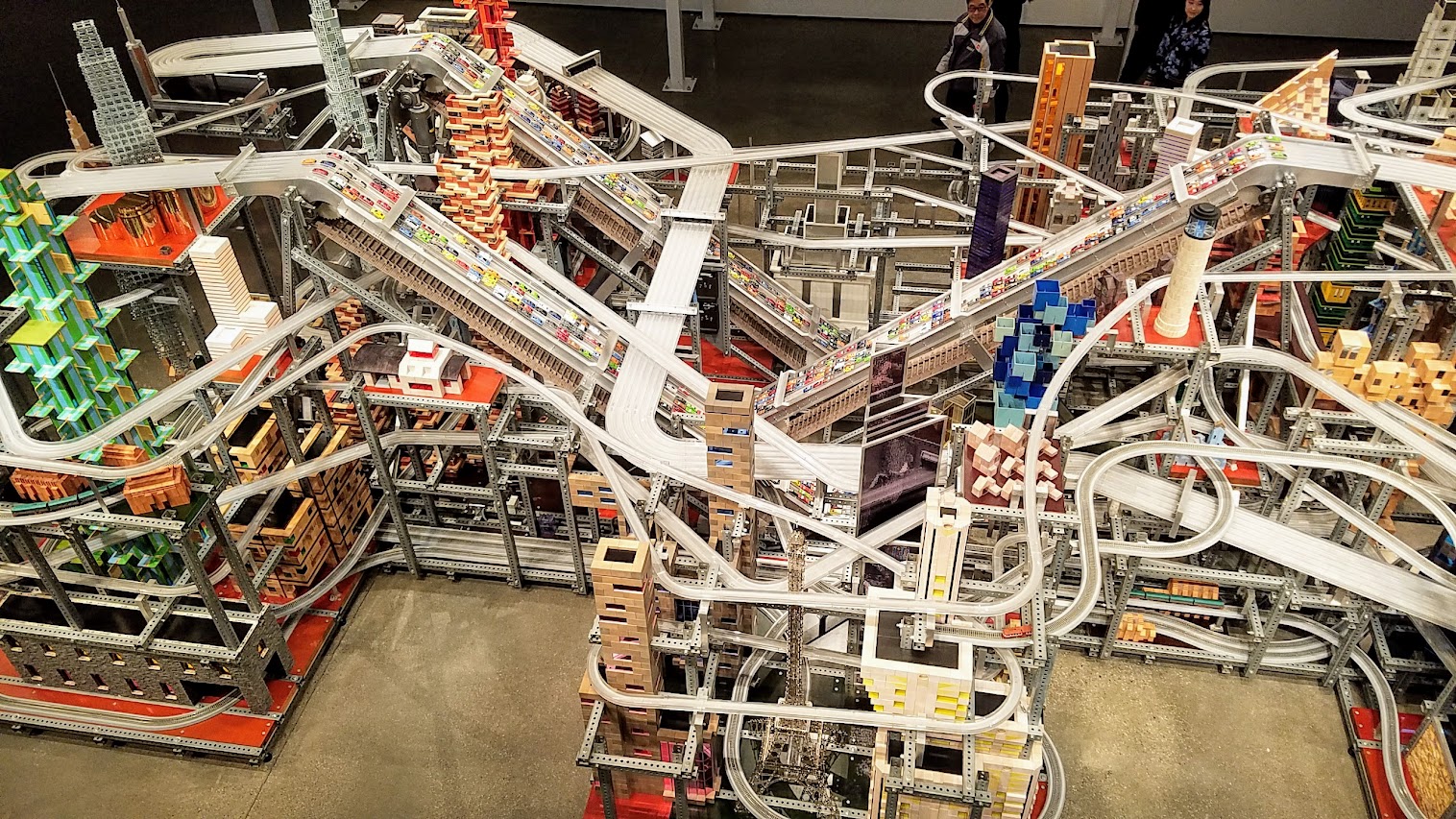 If you buy your LACMA museum admission, there is another Chris Burden exhibit you can view inside one of the building Broad Contemporary Art Museum. This is Metropolis II, also a sculpture but a kinetic one. Some of the times, it is a mini city, frozen in time with a lot of Hot Wheel Cars and Miniature trains on bridges and roads throughout the multiple levels.