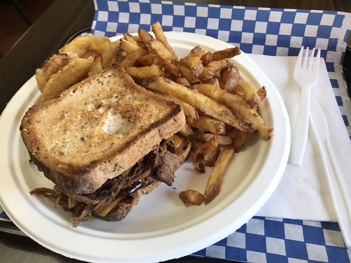 AMAZING Brisket melt and fries and ONION RINGS!!!  Can't recommend this place enough.