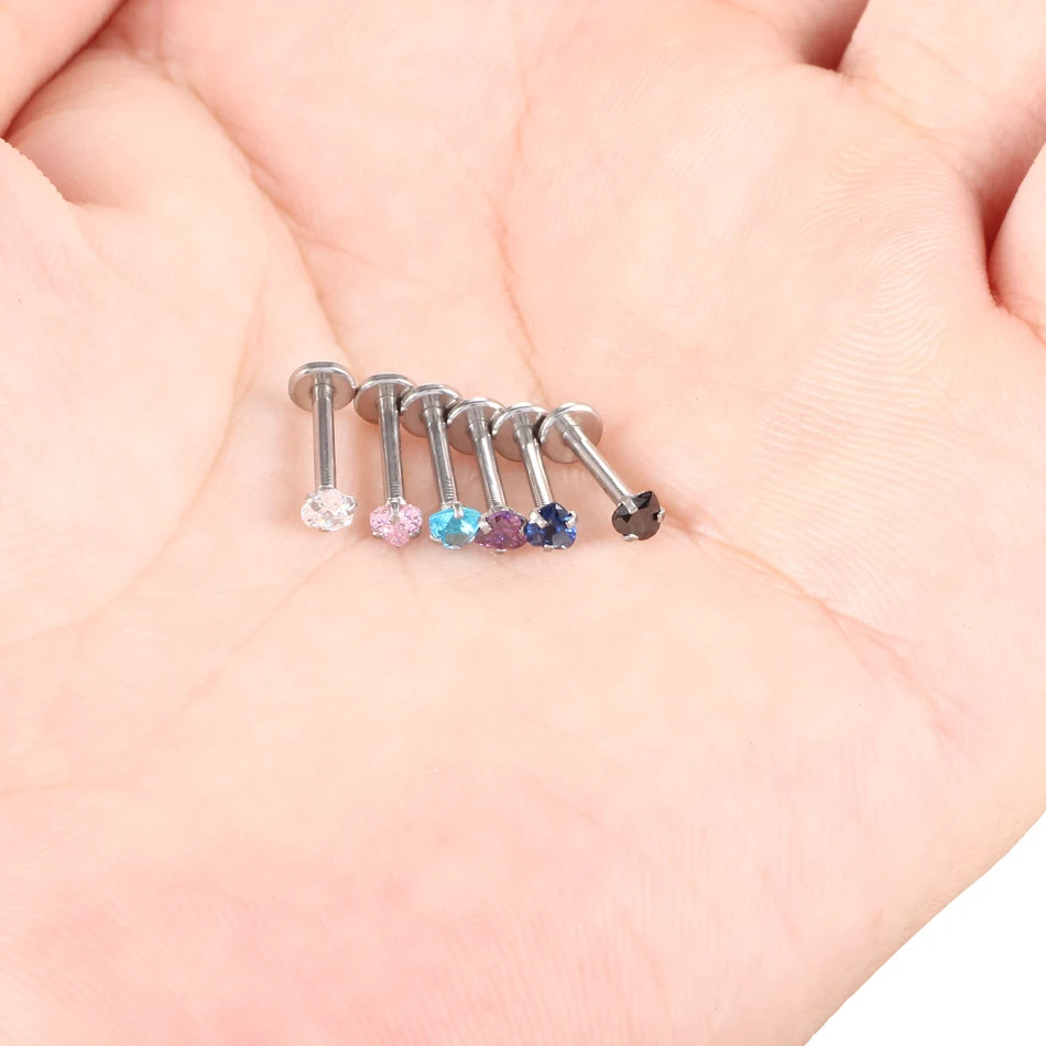 Labret Coração Aço Inox Zircônia Multicolor, Piercing Corporal com Rosca Interna e 4 Garras