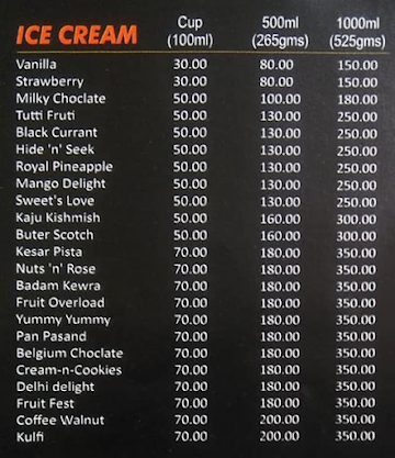 Rupa Ice Cream menu 