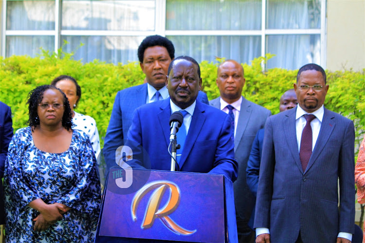 AZIMIO party leader Raila Odinga addressing the media during a press conference at Pan Afric Hotel on February 15,2023