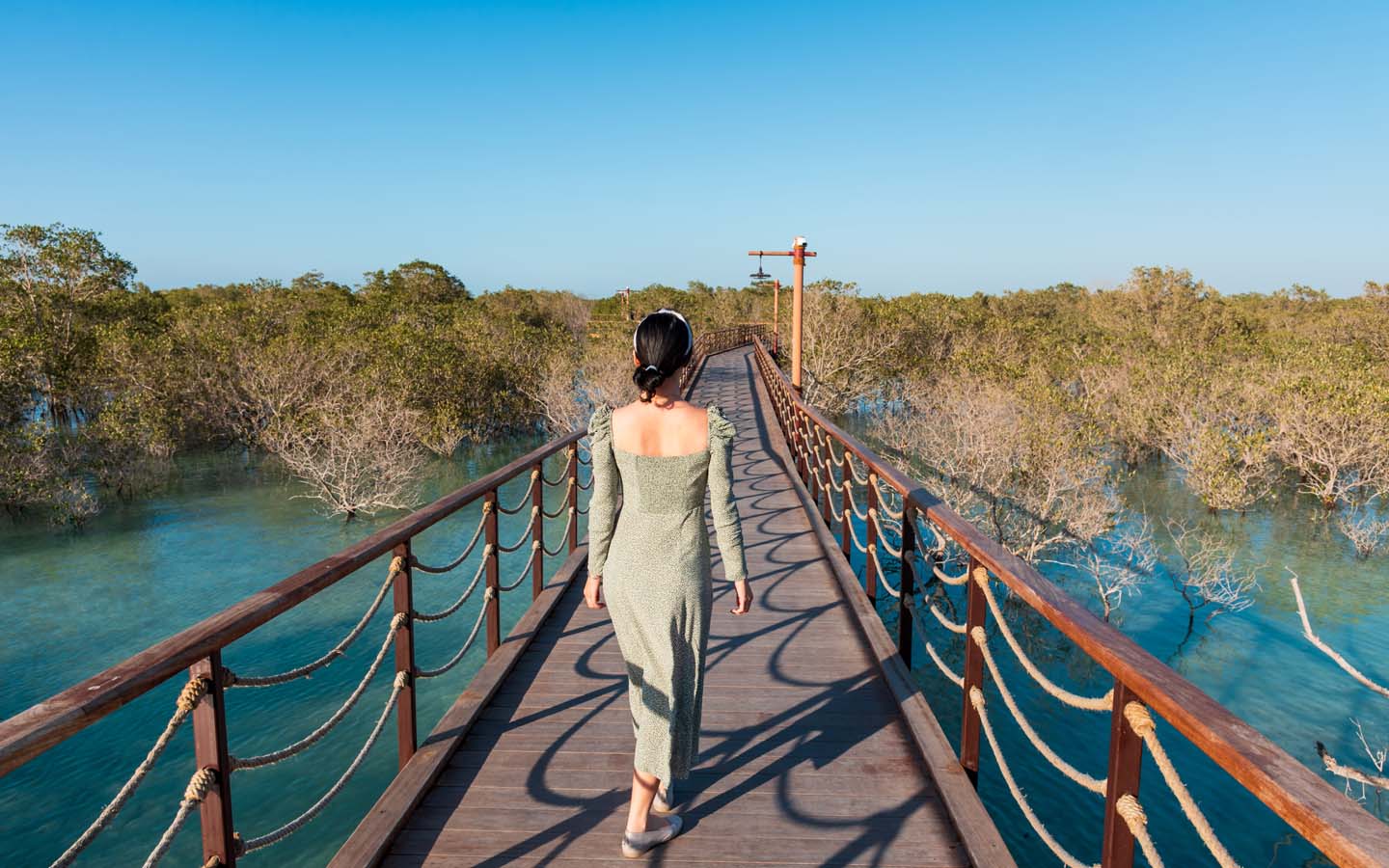 girl walking on mangrove broadwalk in mangrove park