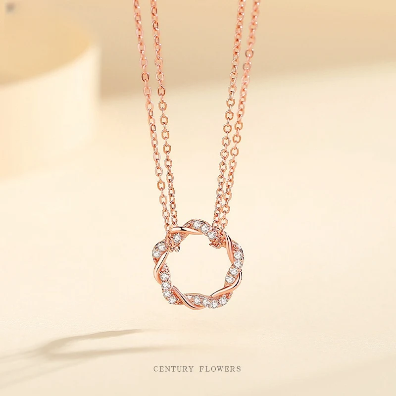 Sterling Zilveren Ketting met Zirkoon Hanger Rose Goud Bloemen Mode Ketting Koreaanse Stijl Cadeau