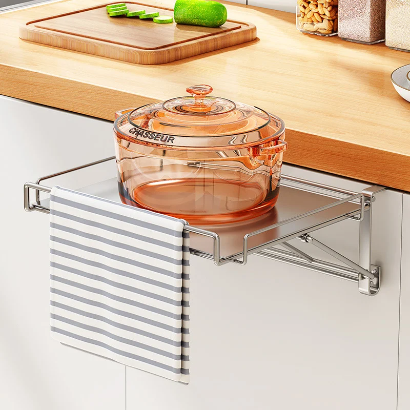 Étagère de comptoir de cuisine pliable en acier inoxydable Optimisez l'espace et l'organisation de votre cuisine. Facile à nettoyer et à plier pour un rangement aisé.