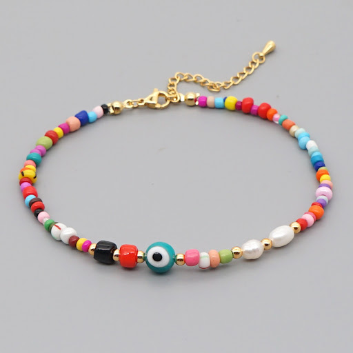 Title 1, Bohemian Ethnic Rainbow Rice Bead Pearl Anklet,...