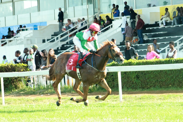 Leslie Sercombe jockeying Gold Pot to victory of Duke of Manchester Cup on January 12 at Ngong Race Course, Nairobi.