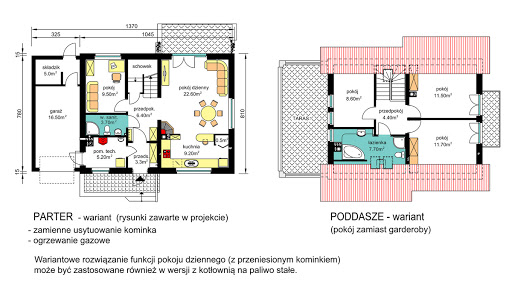 BW-49 wariant 8 - Rzuty parteru i poddasza - propozycja adaptacji - ogrzewanie gazowe