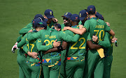 SA stand-in captain Keshav Maharaj huddles with teammates before the ICC T20 World Cup warm-up match against New Zealand at Allan Border Field in Brisbane on October 17 2022. 