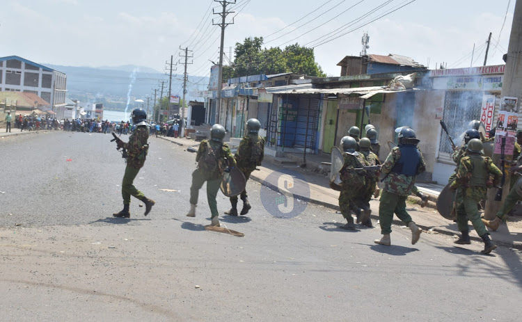 Anti-government protesters engage anti-riot police officers running battles at Jua Kali on July 19, 2023.