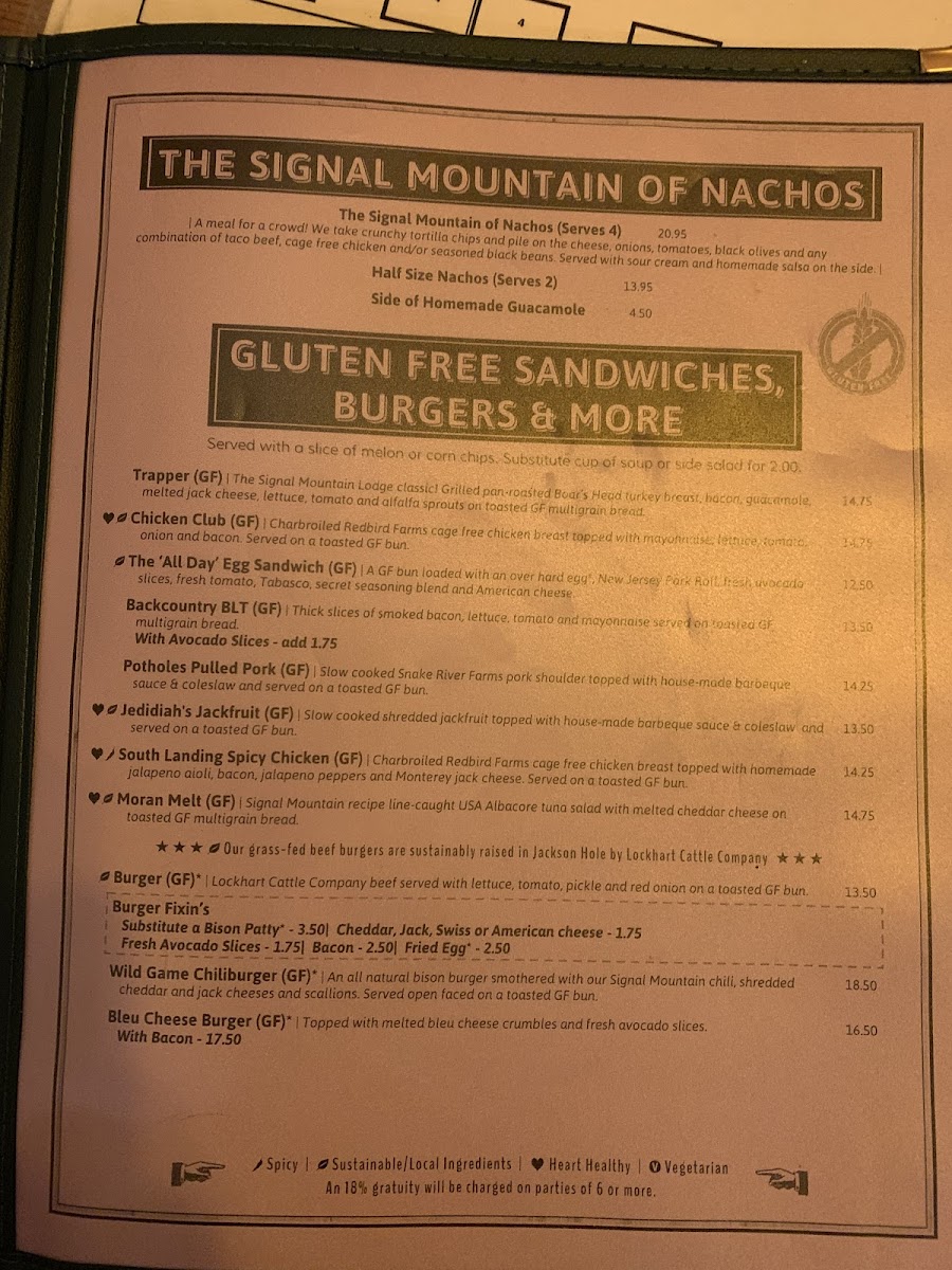 The Trapper Grill gluten-free menu