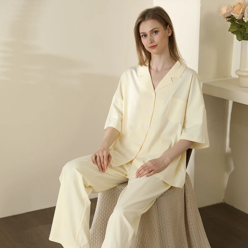 Women's short-sleeved solid color pajamas, cotton homewear for ultimate comfort and a relaxing night's sleep